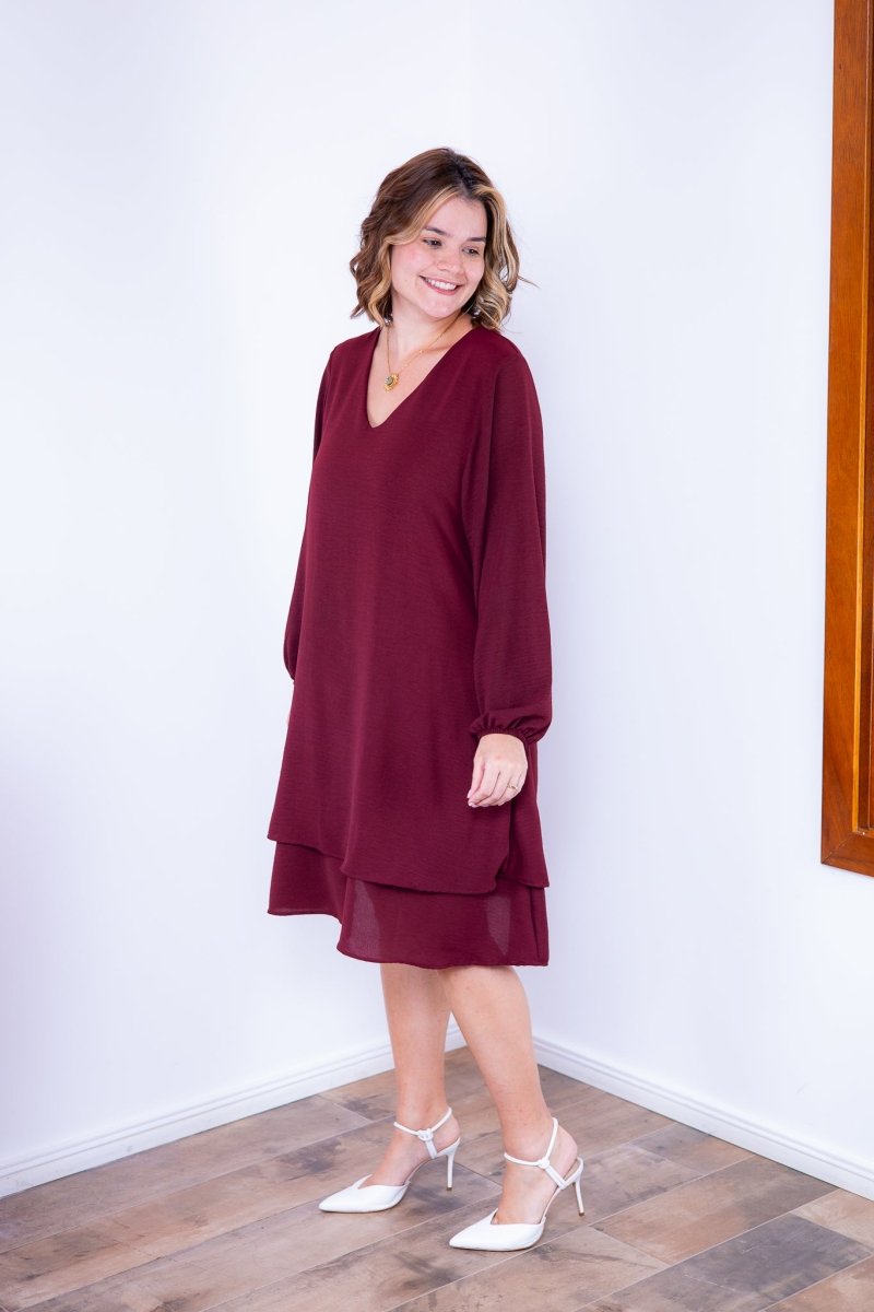 Vestido Priscila - Midi de Duas Camadas com Manga Longa em Crepe - Naguirre Shop