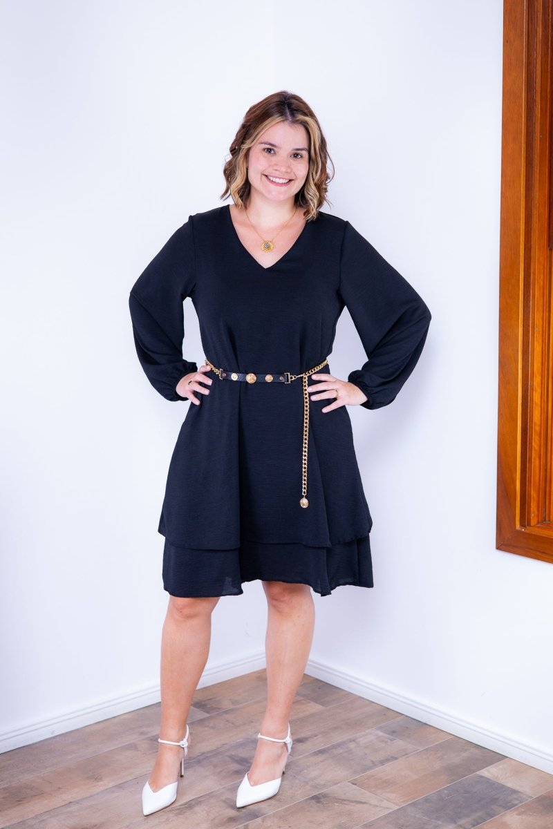 Vestido Priscila - Midi de Duas Camadas com Manga Longa em Crepe - Naguirre Shop