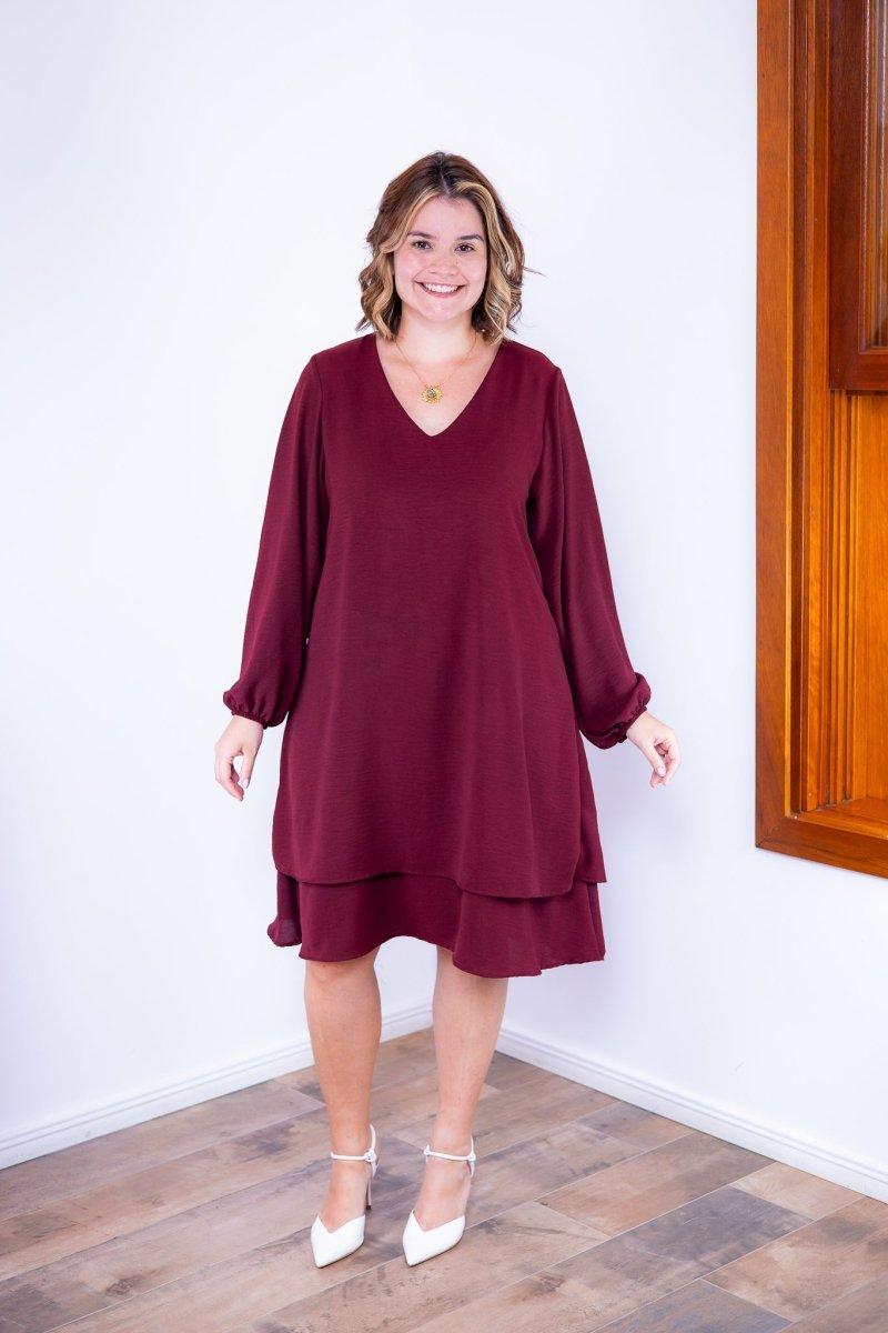 Vestido Priscila - Midi de Duas Camadas com Manga Longa em Crepe - Naguirre Shop