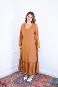 Vestido Rafaela - Longuete com Babado Gola V em Viscolinho - Naguirre Shop