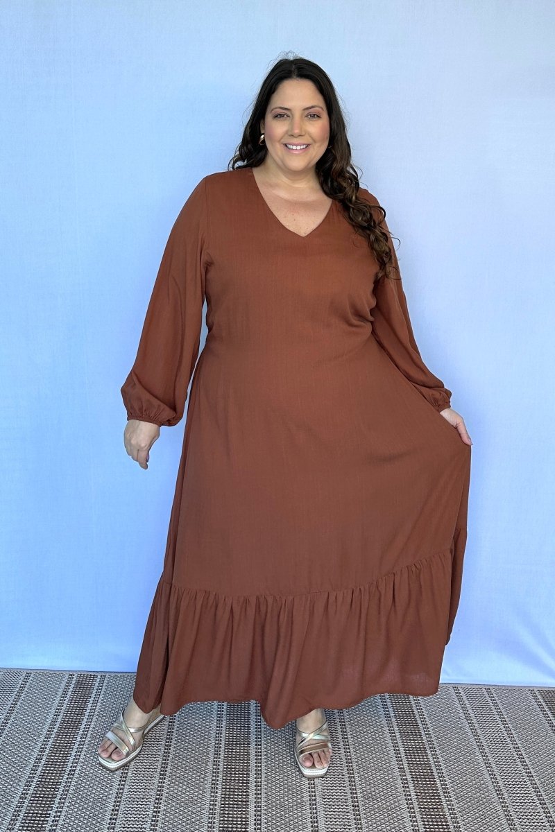 Vestido Rafaela - Longuete com Babado Gola V em Viscolinho - Naguirre Shop