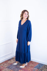 Vestido Rafaela - Longuete com Babado Gola V em Viscolinho - Naguirre Shop