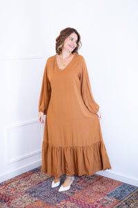 Vestido Rafaela - Longuete com Babado Gola V em Viscolinho - Naguirre Shop