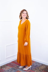 Vestido Rafaela - Longuete com Babado Gola V em Viscolinho - Naguirre Shop