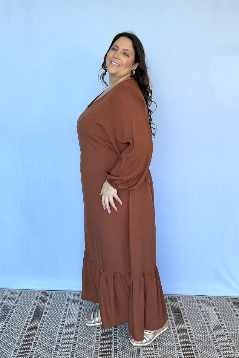 Vestido Rafaela - Longuete com Babado Gola V em Viscolinho - Naguirre Shop