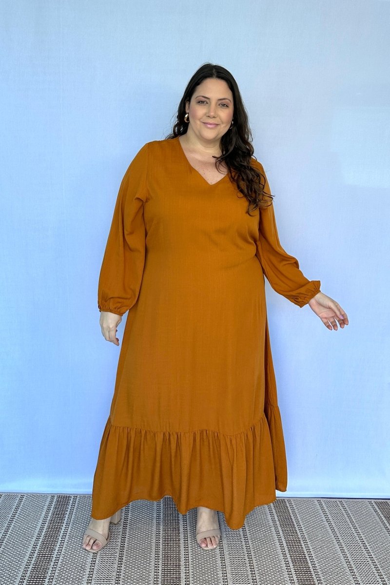 Vestido Rafaela - Longuete com Babado Gola V em Viscolinho - Naguirre Shop