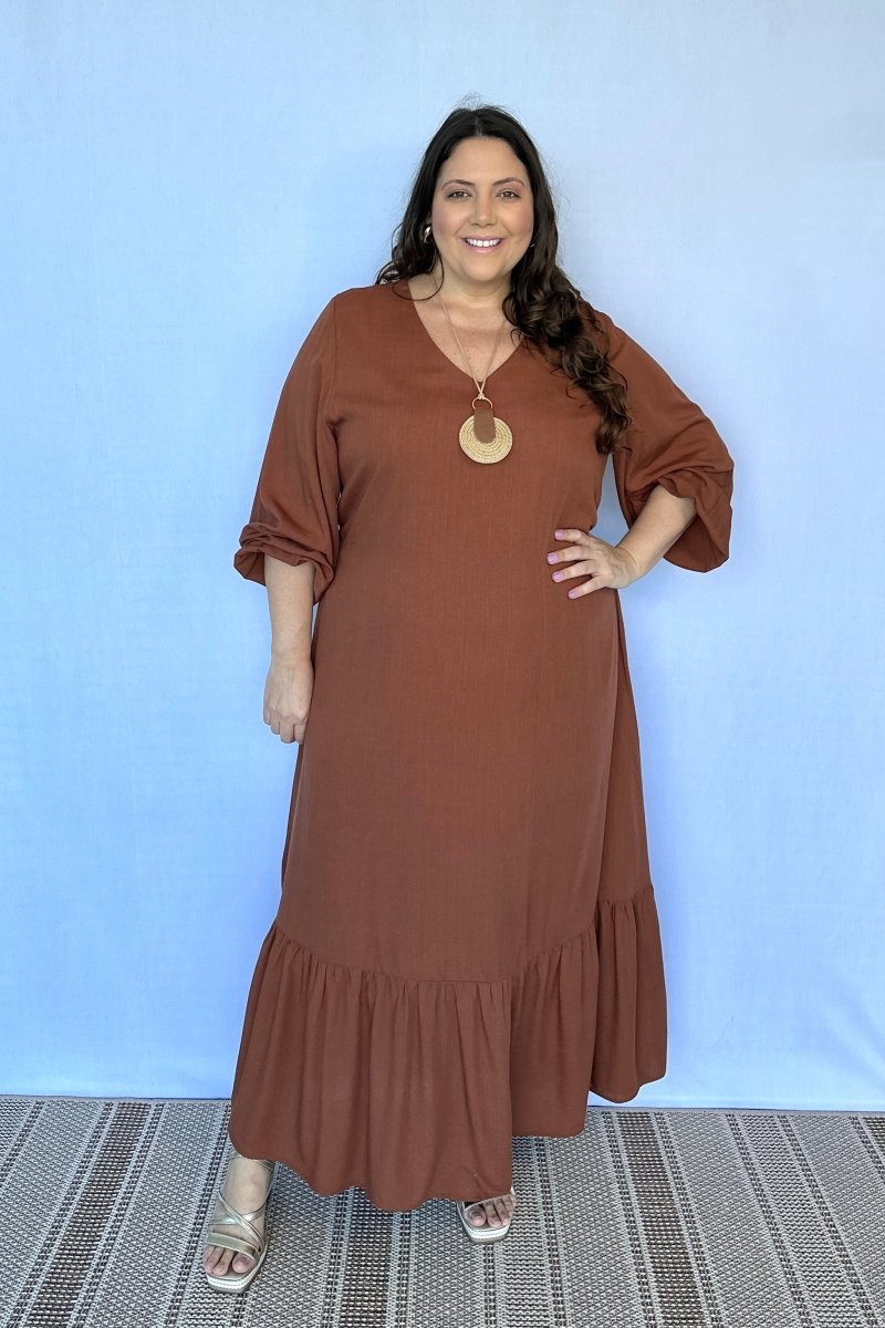 Vestido Rafaela - Longuete com Babado Gola V em Viscolinho - Naguirre Shop