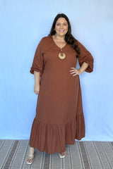 Vestido Rafaela - Longuete com Babado Gola V em Viscolinho - Naguirre Shop