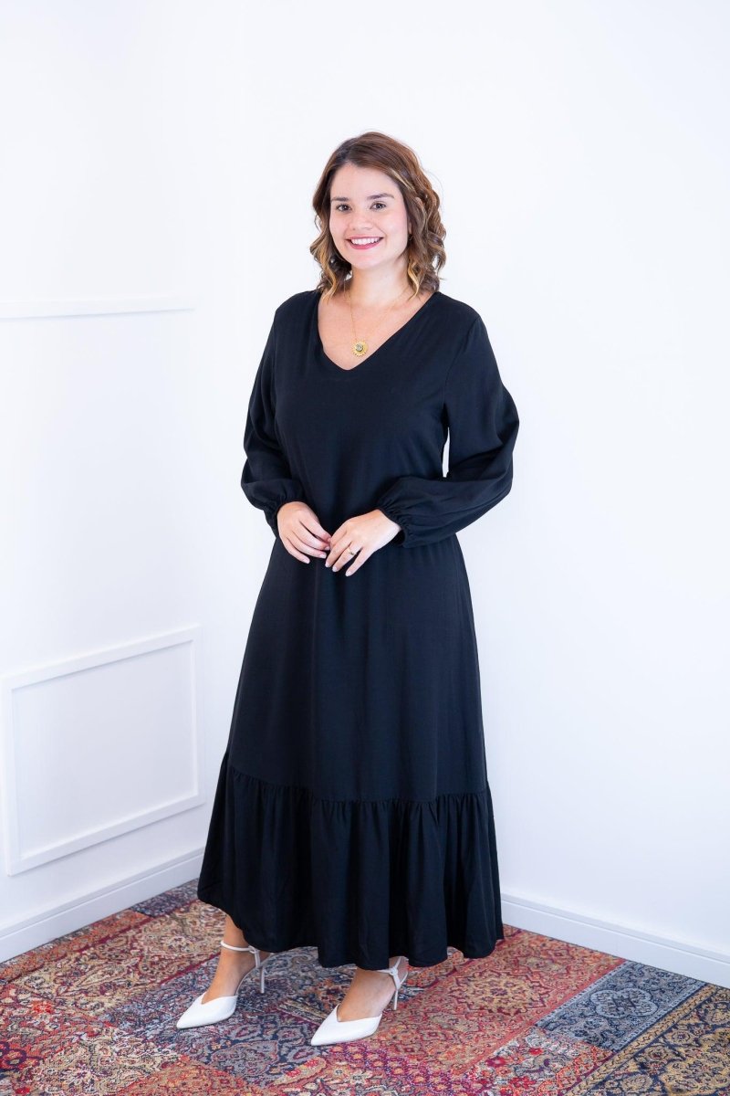Vestido Rafaela - Longuete com Babado Gola V em Viscolinho - Naguirre Shop