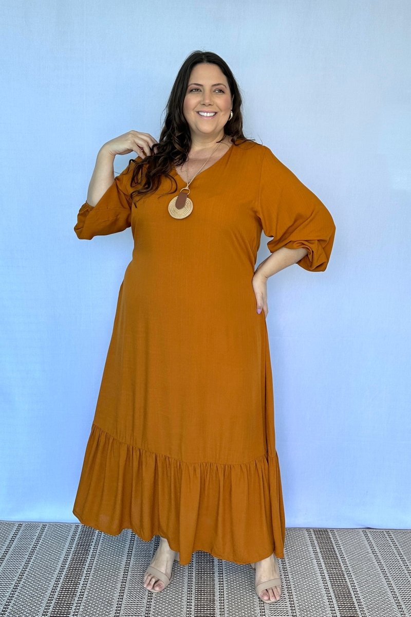 Vestido Rafaela - Longuete com Babado Gola V em Viscolinho - Naguirre Shop
