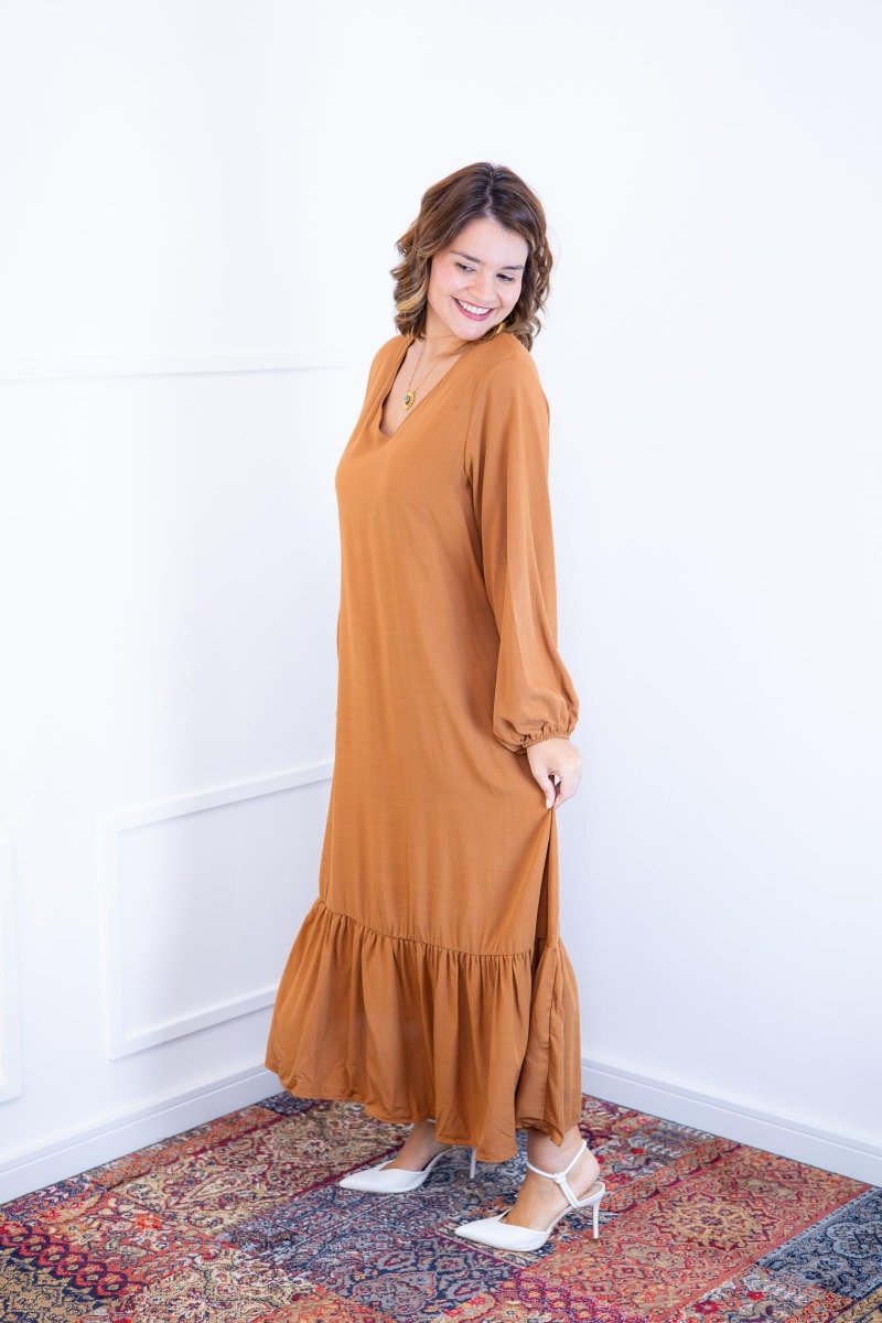 Vestido Rafaela - Longuete com Babado Gola V em Viscolinho - Naguirre Shop
