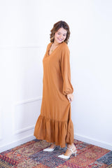 Vestido Rafaela - Longuete com Babado Gola V em Viscolinho - Naguirre Shop