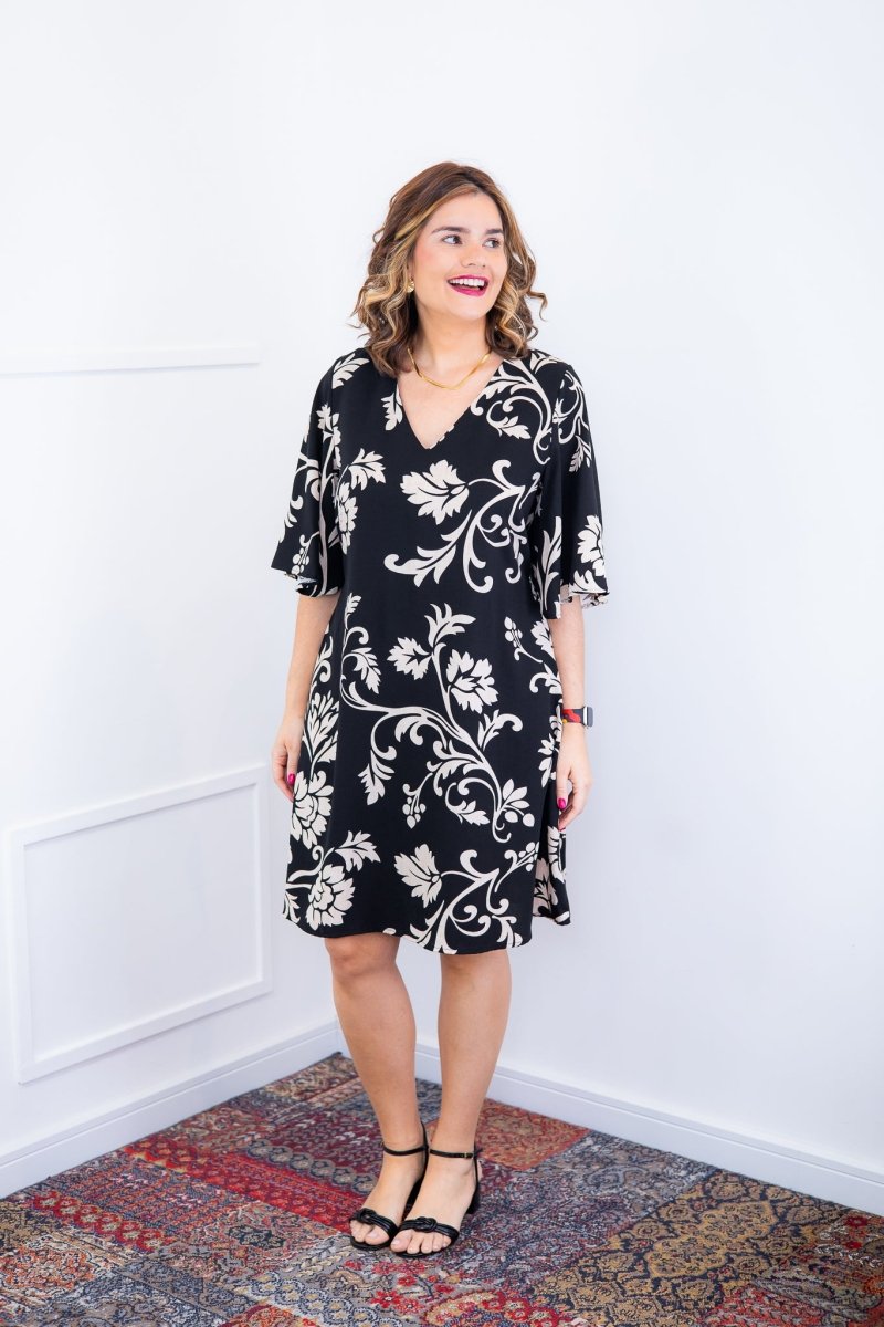 Vestido Sabrina - Decote V Manga Morcego em Viscolinho - Naguirre Shop