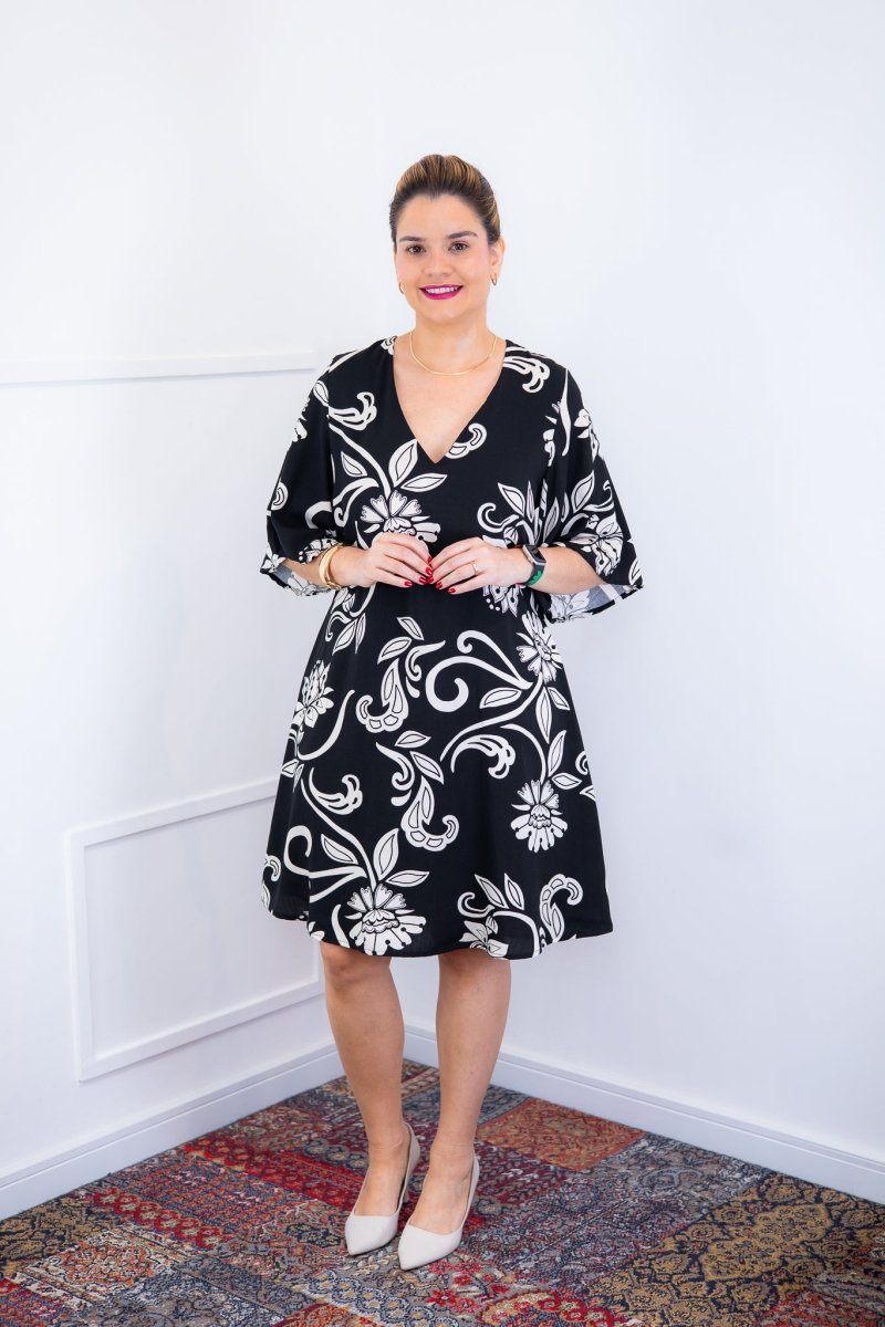 Vestido Sabrina - Decote V Manga Morcego em Viscolinho - Naguirre Shop