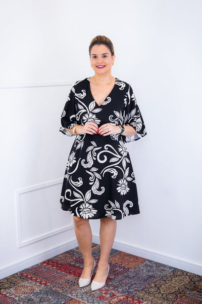 Vestido Sabrina - Decote V Manga Morcego em Viscolinho - Naguirre Shop