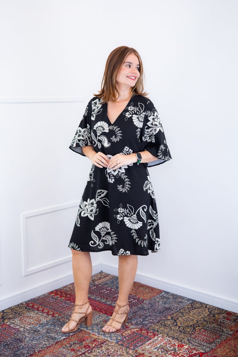 Vestido Sabrina - Decote V Manga Morcego em Viscolinho - Naguirre Shop