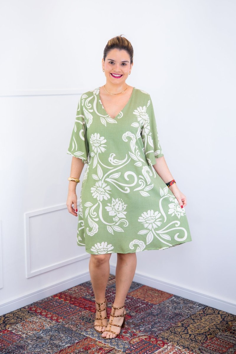 Vestido Sabrina - Decote V Manga Morcego em Viscolinho - Naguirre Shop