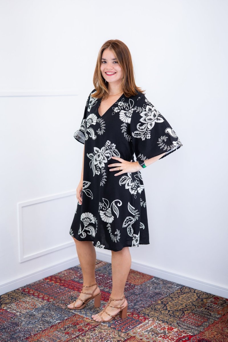 Vestido Sabrina - Decote V Manga Morcego em Viscolinho - Naguirre Shop