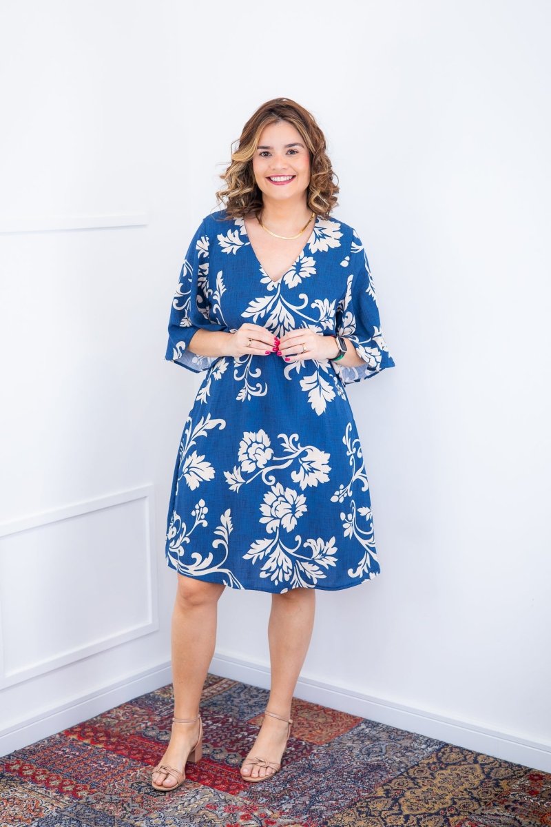 Vestido Sabrina - Decote V Manga Morcego em Viscolinho - Naguirre Shop