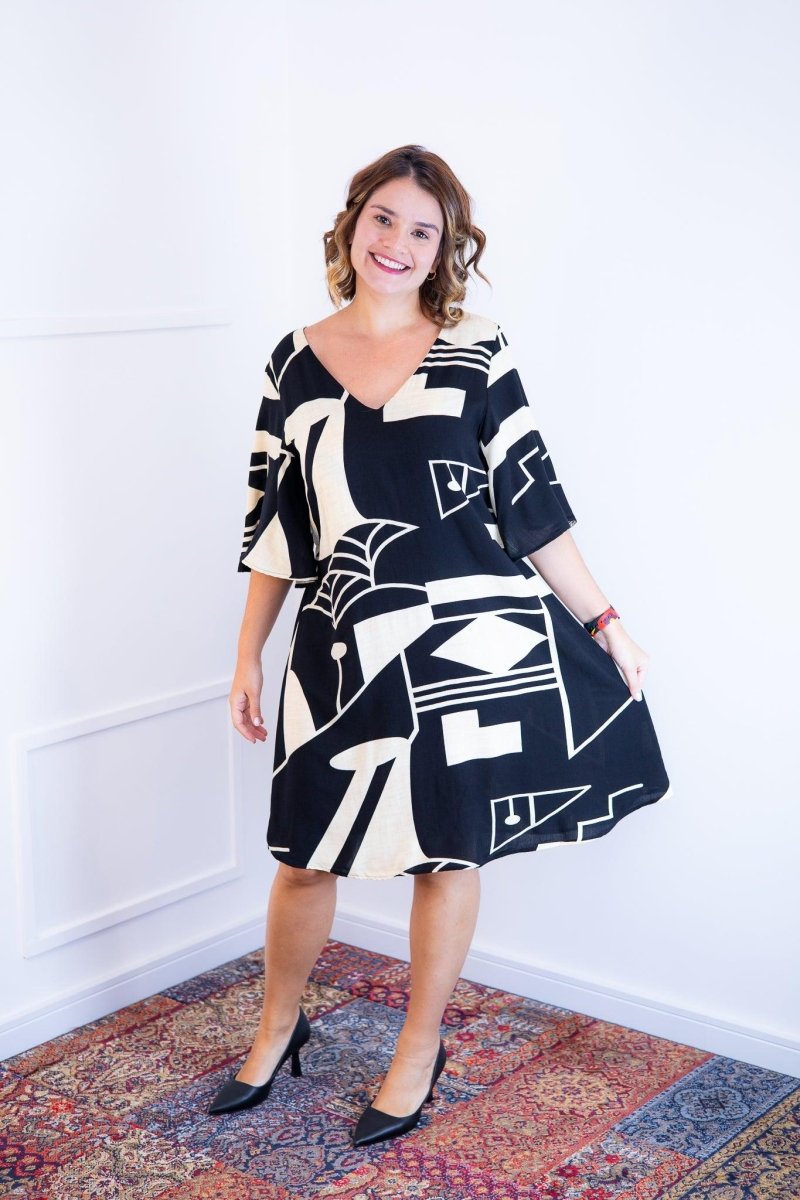 Vestido Sabrina - Decote V Manga Morcego em Viscolinho - Naguirre Shop