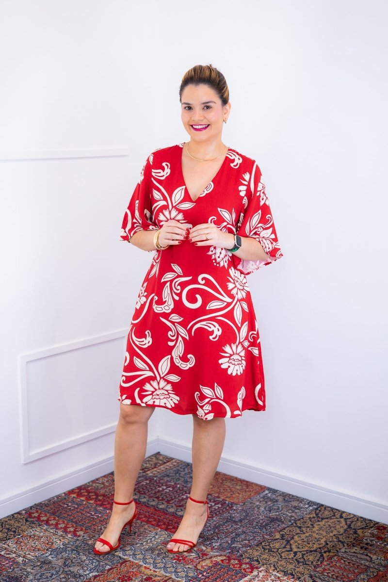 Vestido Sabrina - Decote V Manga Morcego em Viscolinho - Naguirre Shop