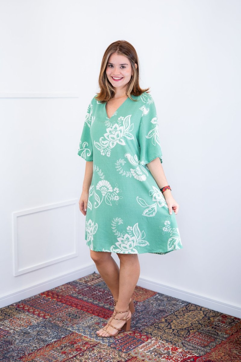 Vestido Sabrina - Decote V Manga Morcego em Viscolinho - Naguirre Shop