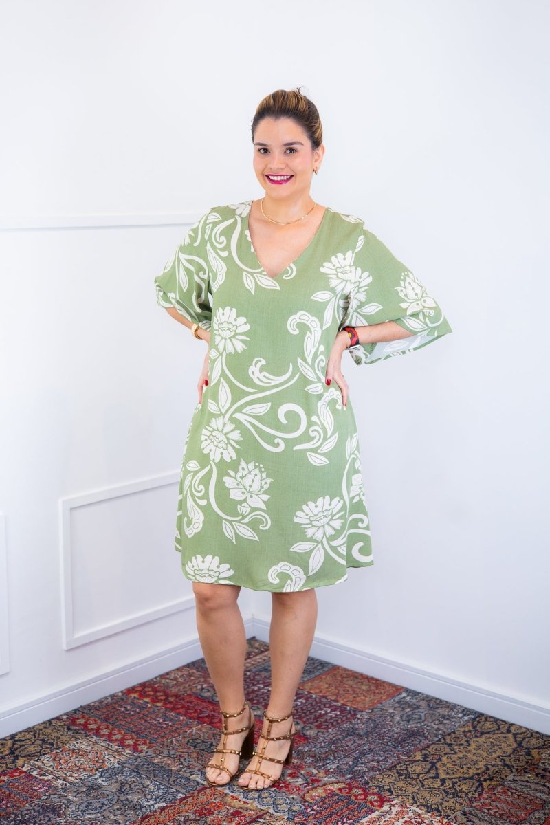 Vestido Sabrina - Decote V Manga Morcego em Viscolinho - Naguirre Shop