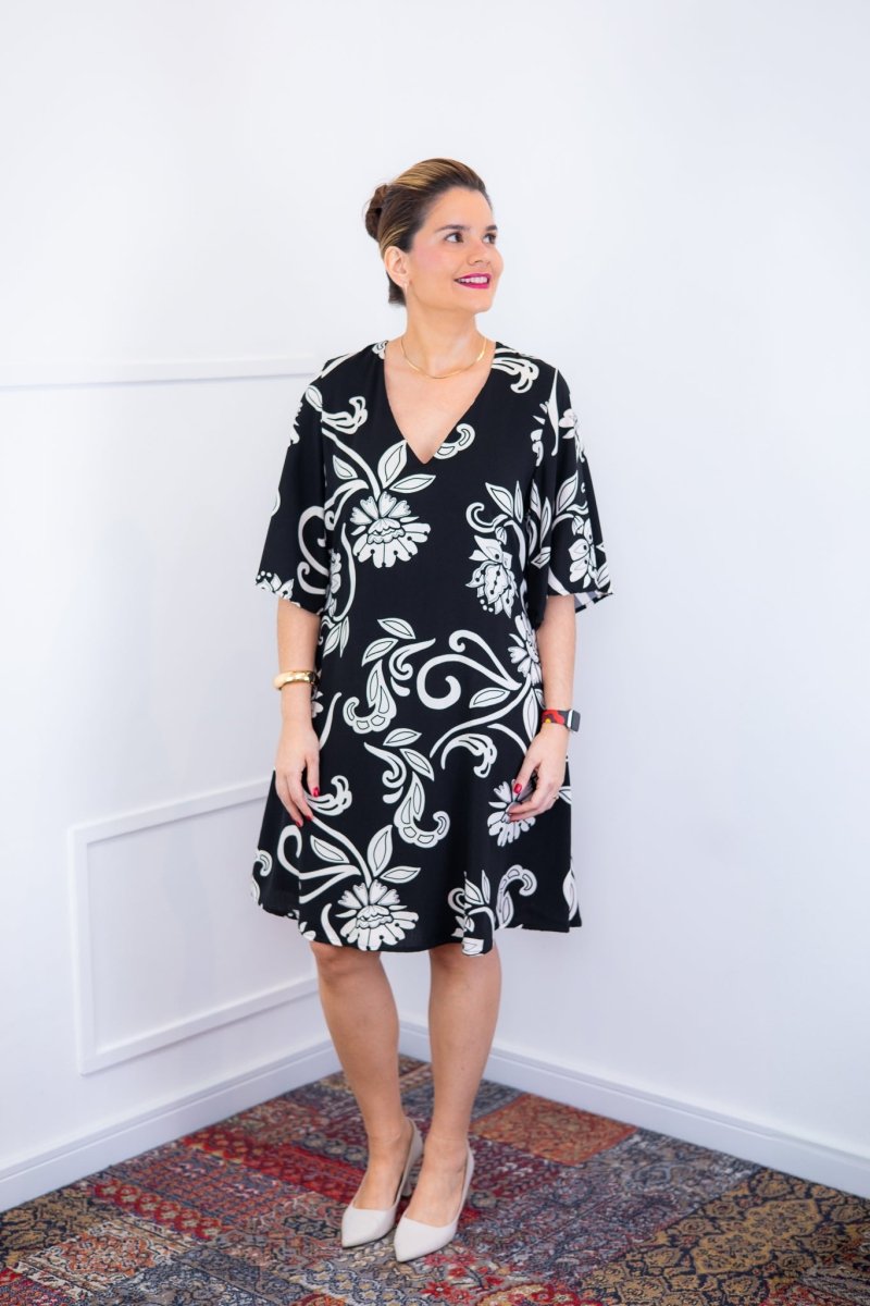 Vestido Sabrina - Decote V Manga Morcego em Viscolinho - Naguirre Shop