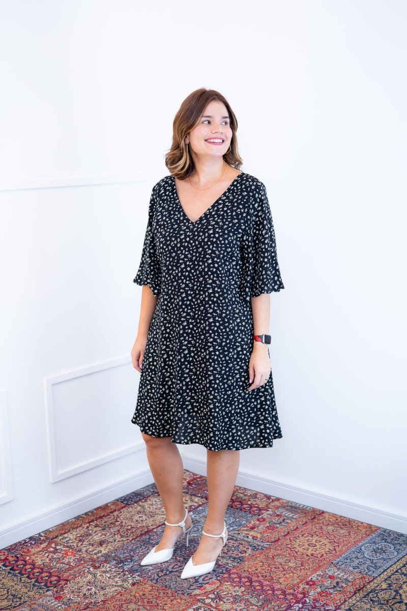 Vestido Sabrina - Decote V Manga Morcego em Viscolinho - Naguirre Shop
