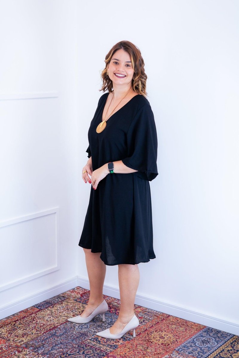 Vestido Sabrina - Decote V Manga Morcego em Viscolinho - Naguirre Shop