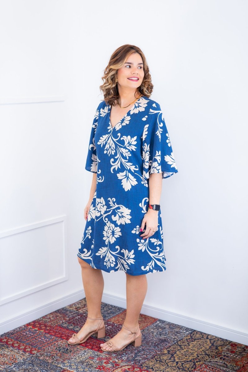 Vestido Sabrina - Decote V Manga Morcego em Viscolinho - Naguirre Shop