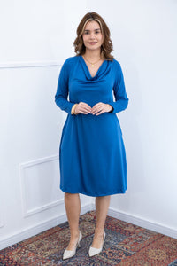 Vestido Sofia - Manga Longa com Gola Drapeada Midi em Malha Confort - Naguirre Shop
