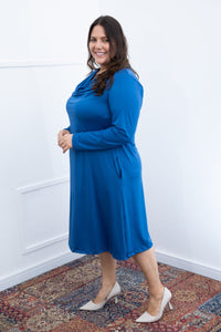 Vestido Sofia - Manga Longa com Gola Drapeada Midi em Malha Confort - Naguirre Shop