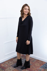 Vestido Sofia - Manga Longa com Gola Drapeada Midi em Malha Confort - Naguirre Shop