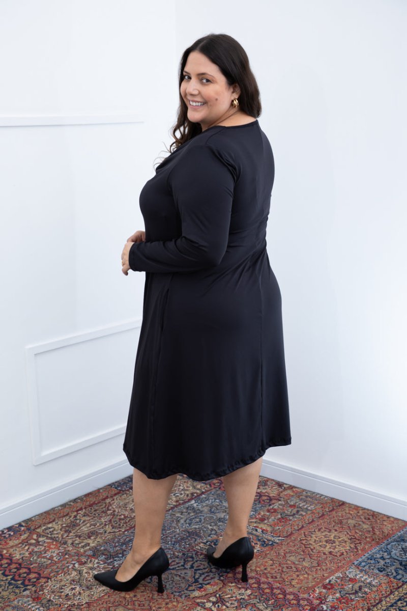 Vestido Sofia - Manga Longa com Gola Drapeada Midi em Malha Confort - Naguirre Shop