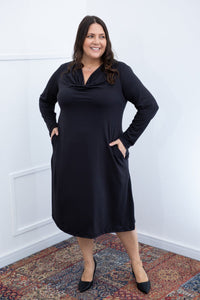 Vestido Sofia - Manga Longa com Gola Drapeada Midi em Malha Confort - Naguirre Shop