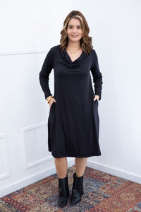 Vestido Sofia - Manga Longa com Gola Drapeada Midi em Malha Confort - Naguirre Shop