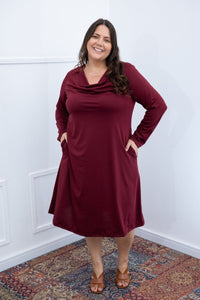 Vestido Sofia - Manga Longa com Gola Drapeada Midi em Malha Confort - Naguirre Shop