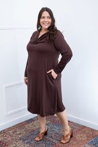 Vestido Sofia - Manga Longa com Gola Drapeada Midi em Malha Confort - Naguirre Shop