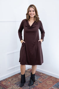 Vestido Sofia - Manga Longa com Gola Drapeada Midi em Malha Confort - Naguirre Shop