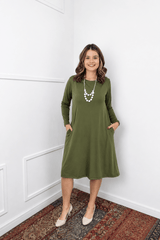 Vestido Sofia – Manga Longa com Gola Redonda Midi em Malha Confort - Naguirre Shop