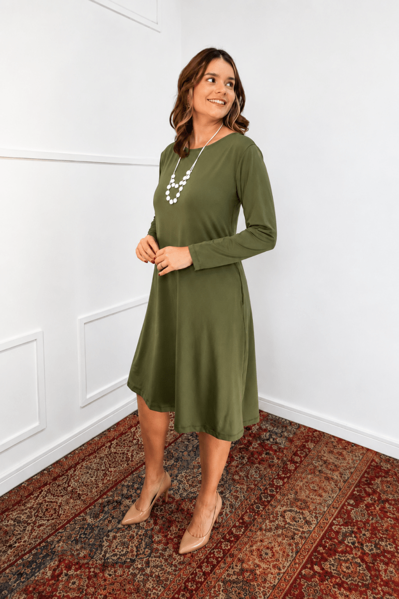 Vestido Sofia – Manga Longa com Gola Redonda Midi em Malha Confort - Naguirre Shop