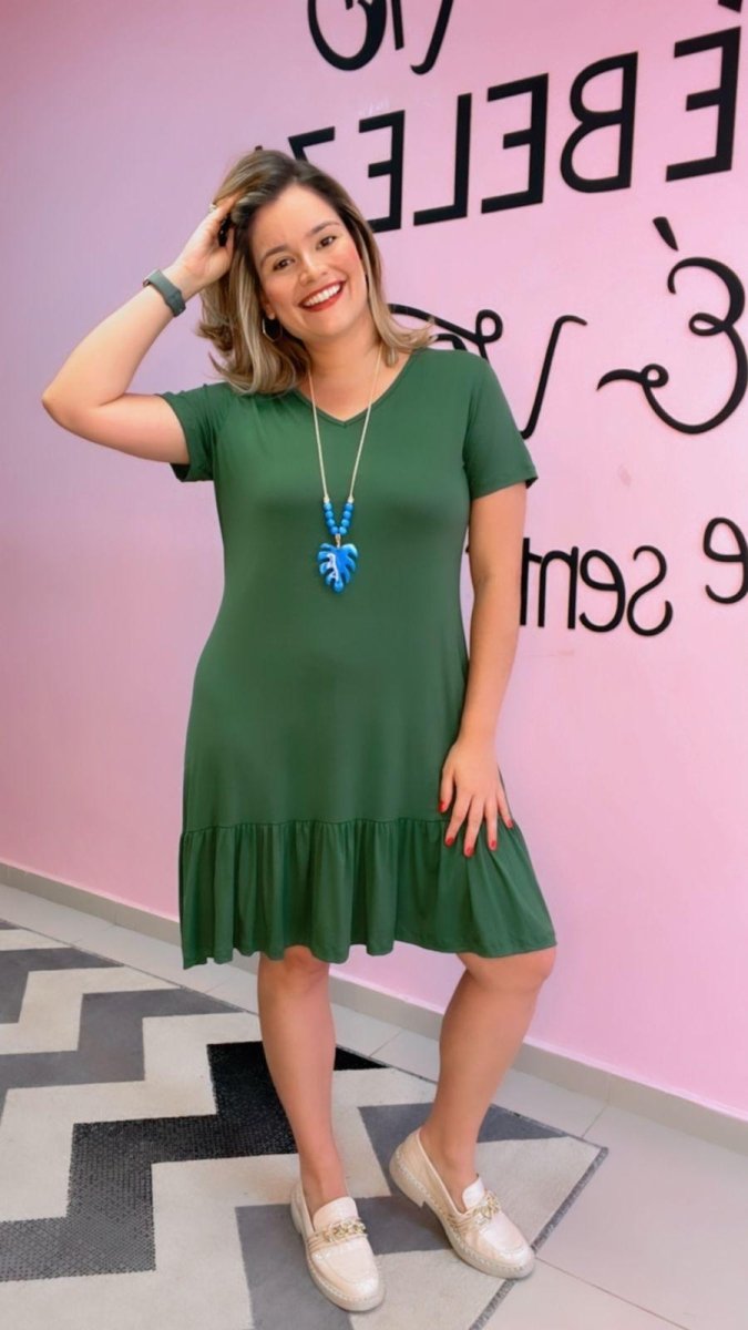 Vestido Verona - Babado Gola V e Manga Curta - Naguirre Shop