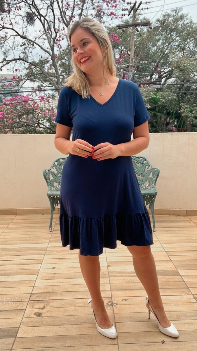 Vestido Verona - Babado Gola V e Manga Curta - Naguirre Shop
