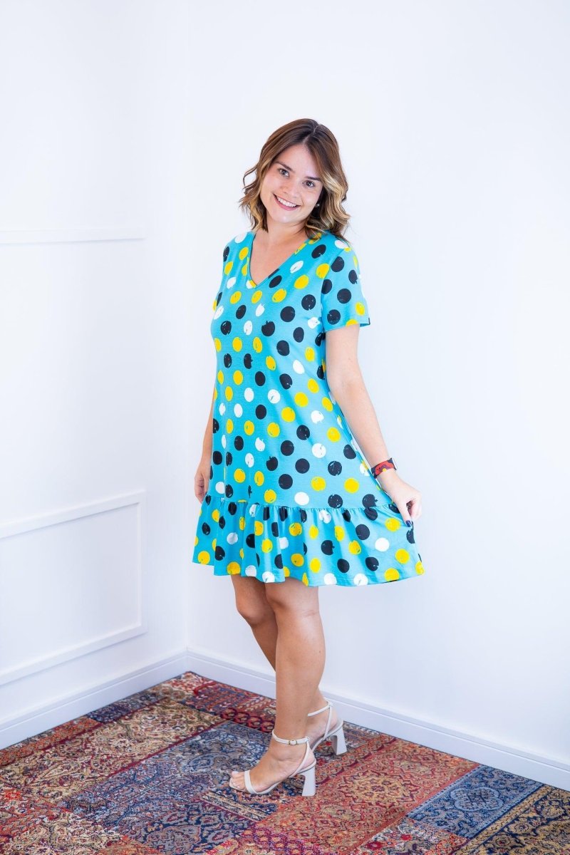 Vestido Verona - Babado Gola V e Manga Curta Aquarela - Naguirre Shop