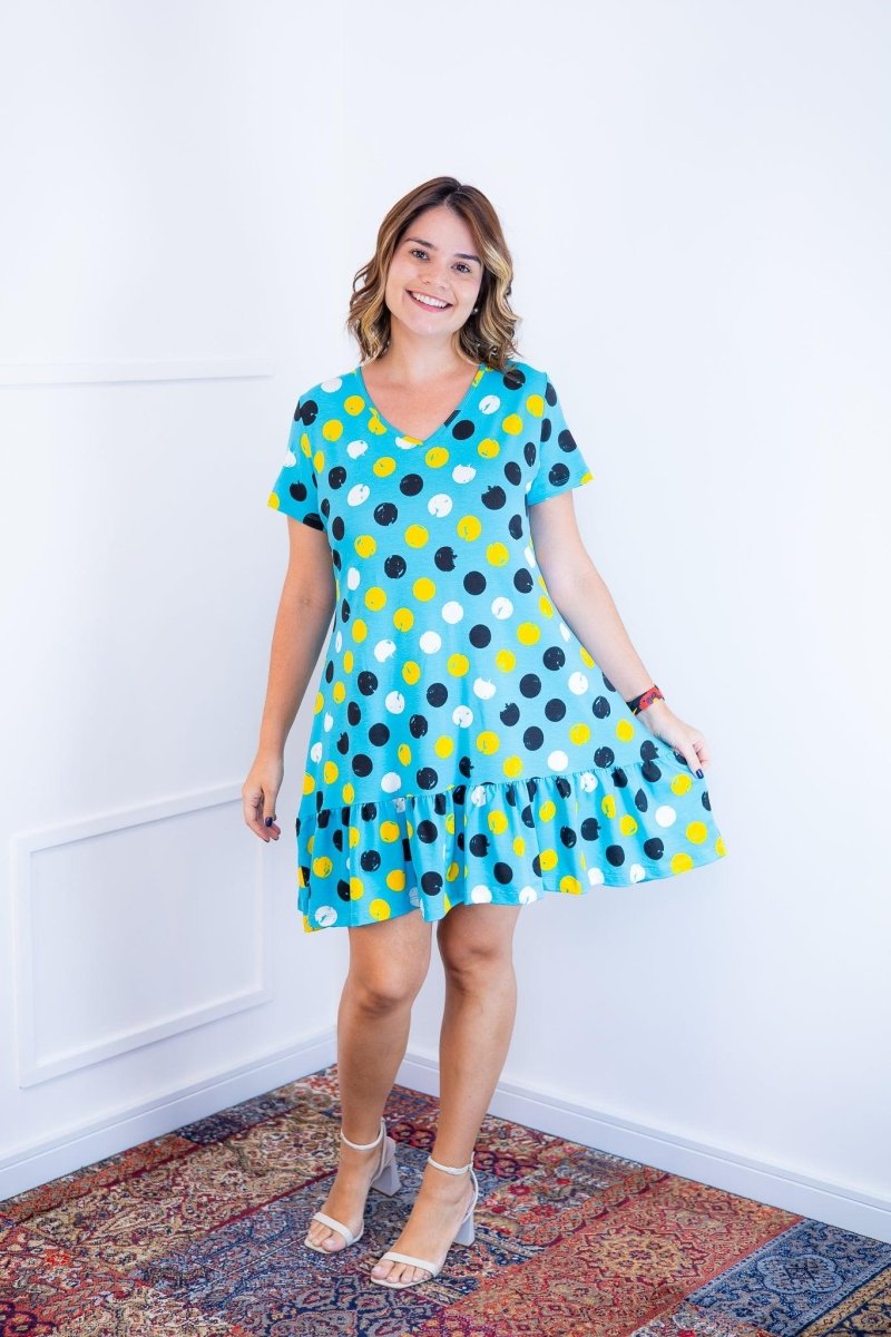 Vestido Verona - Babado Gola V e Manga Curta Aquarela - Naguirre Shop