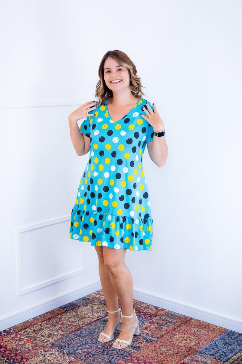 Vestido Verona - Babado Gola V e Manga Curta Aquarela - Naguirre Shop