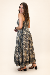 Vestido Decote V com Lastex nas Costas Longo Toque Seda Light Estilo Boho Laila