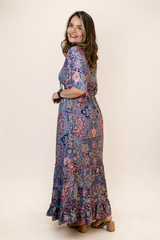 Vestido Longo Estilo Boho Manga 3/4 em Toque Seda Light Acabamento Premium Shanti