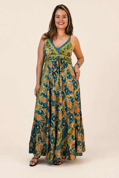 Vestido Decote V com Lastex nas Costas Longo Toque Seda Light Estilo Boho Laila